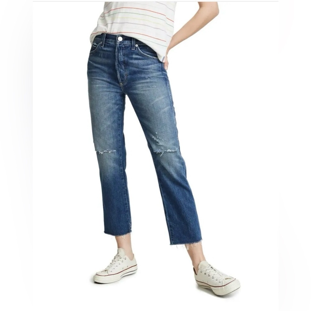 AMO Loverboy Cropped Jeans - Blue Bottle With Destroy